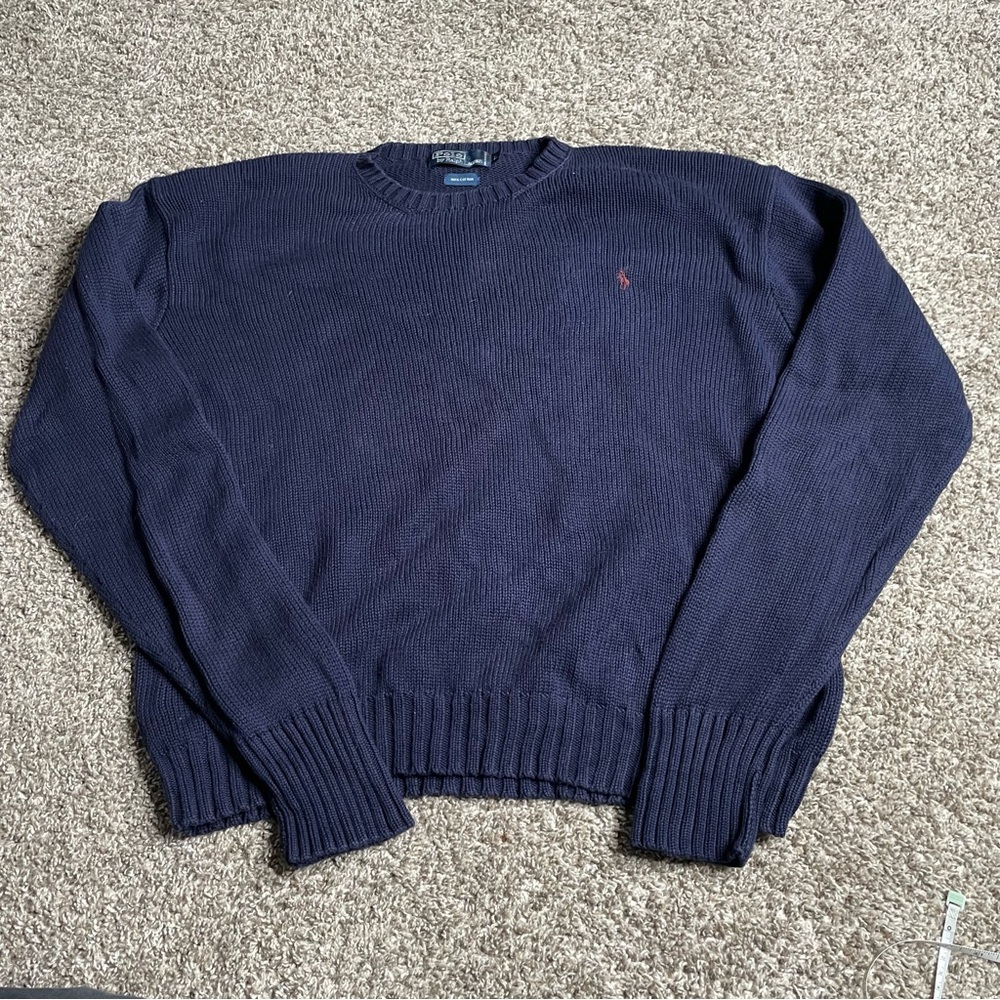 Vintage 90s Polo Ralph Lauren Sweater Mens Large Navy Blue Chunky Fisherman Knit